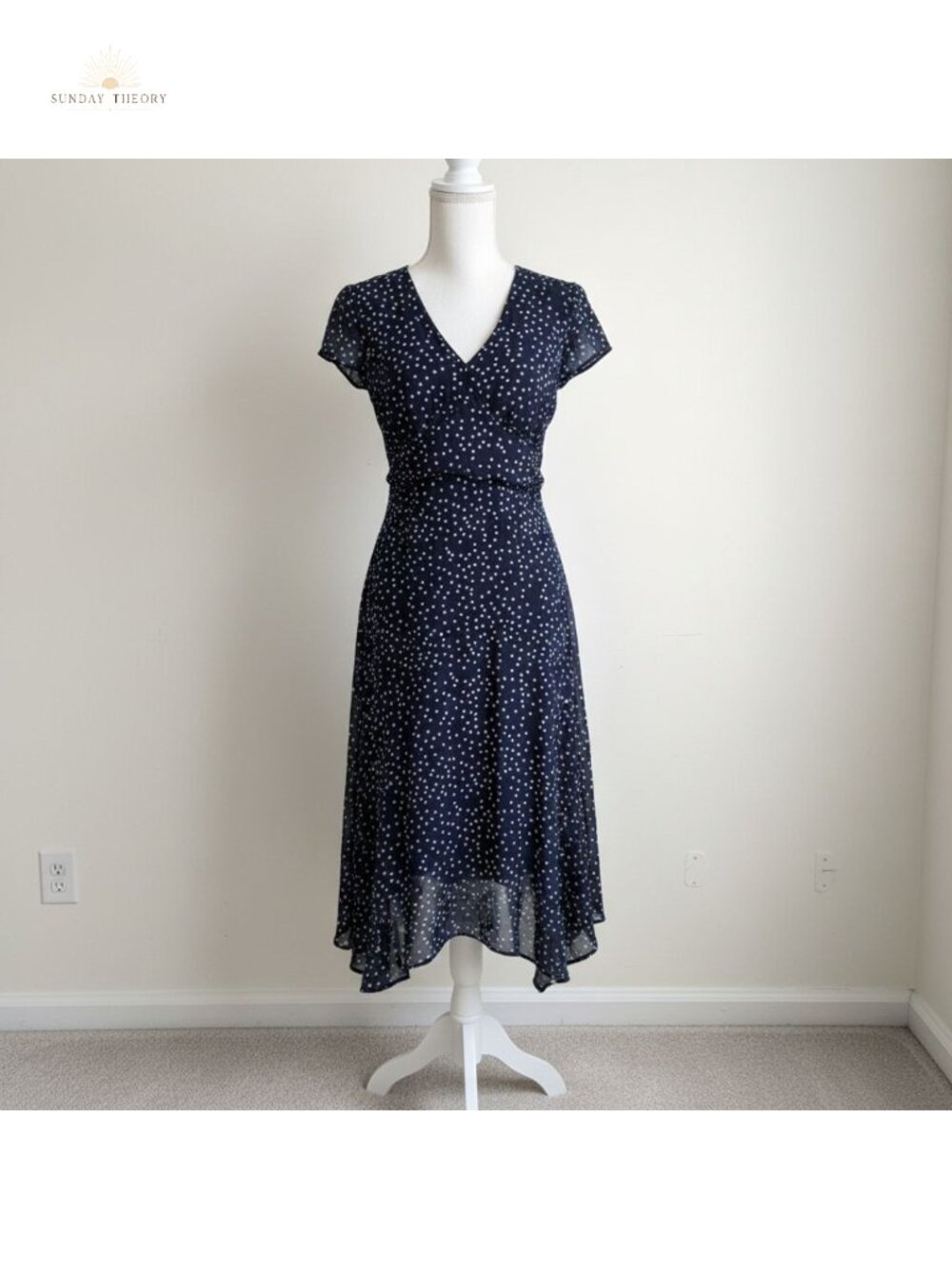 RIHOAS Polka Dot Midi Wrap Dress V-Neck Short Sleeve Asymmetric Hem Summer